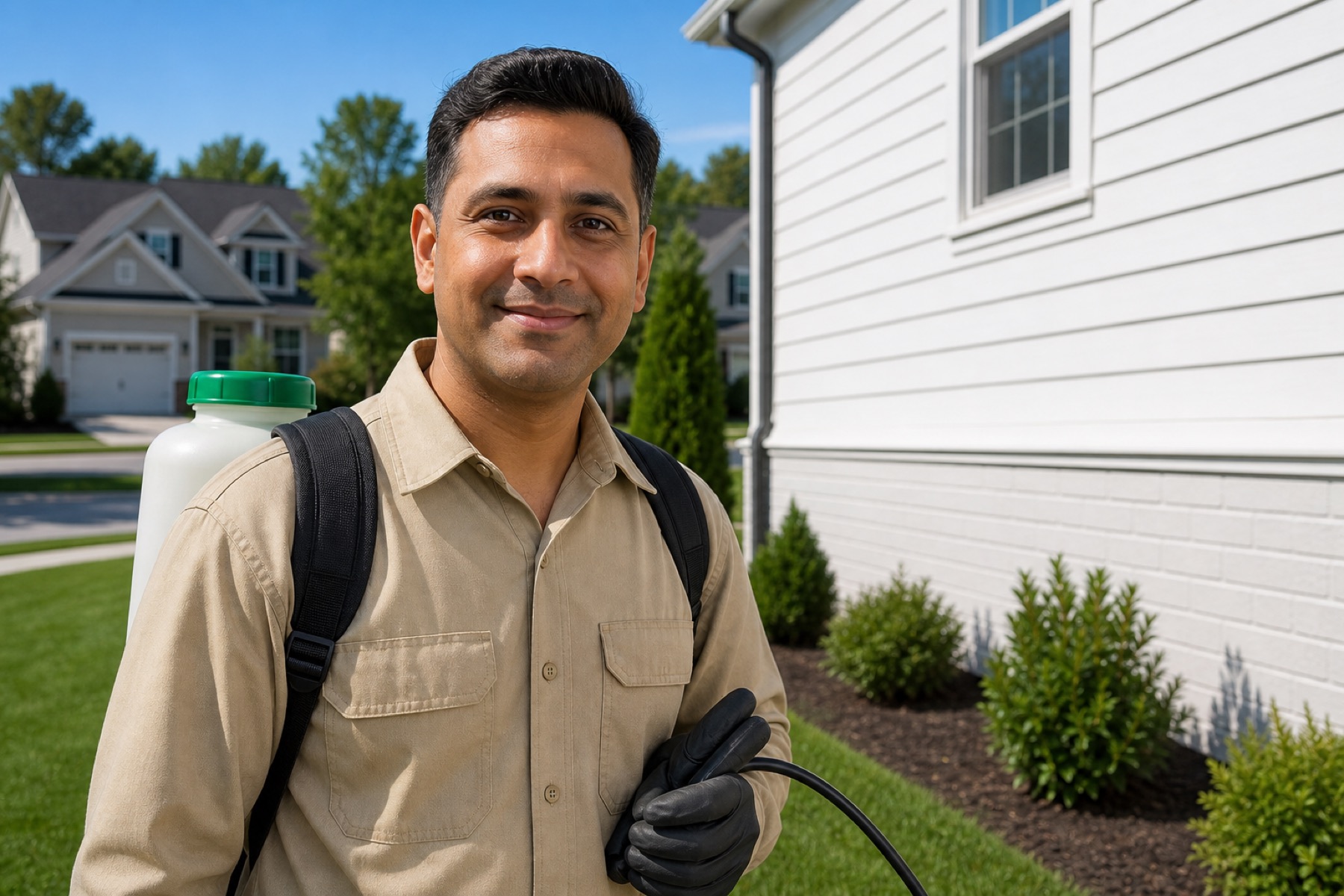 Pest control technician standing beside a house, looking at the camera