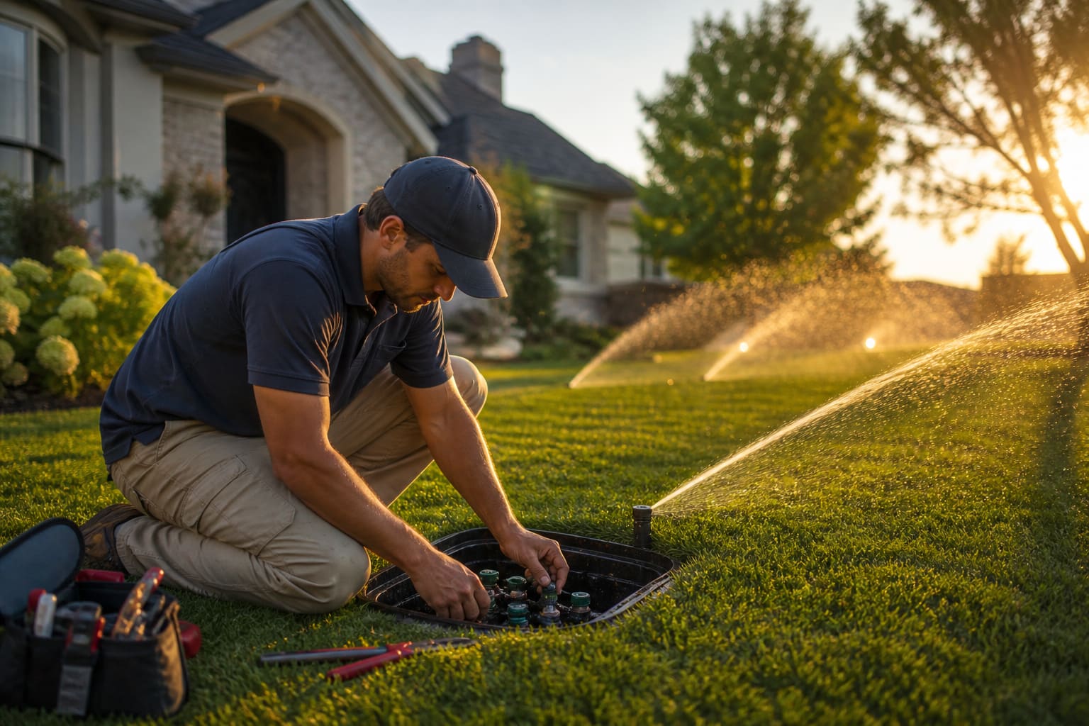 Irrigation technician adjusting a valve box while sprinklers arc water across a green lawn at golden hour