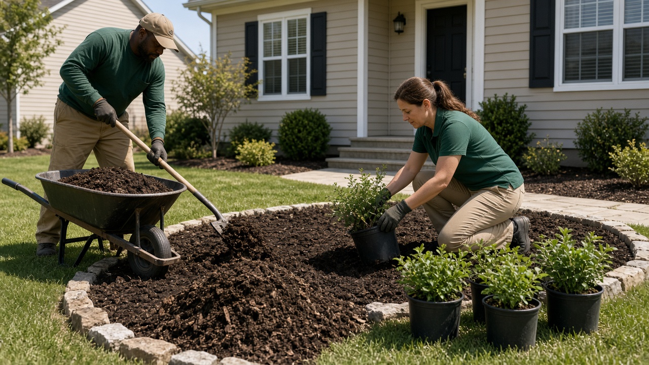 Two-person landscaping crew spreading mulch and setting shrubs in a front-yard bed