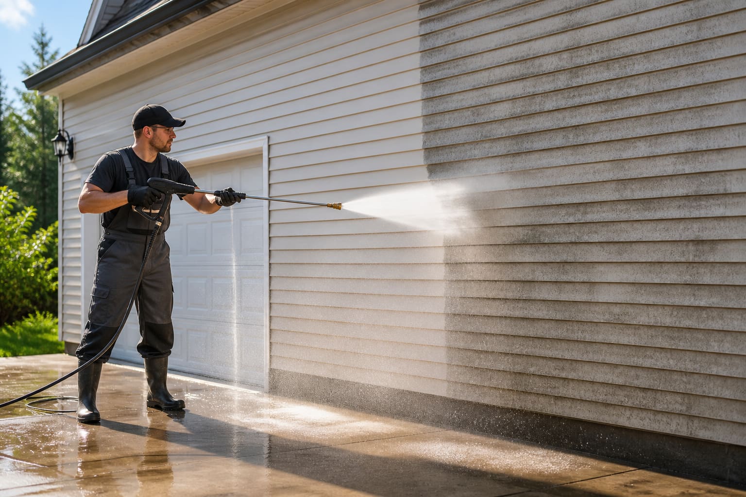 Pressure washing operator cleaning house siding, with a sharp clean line where the spray has already passed