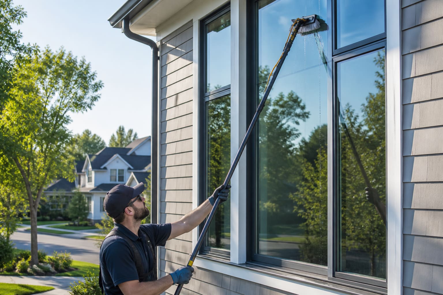 Window cleaner using a water-fed pole on a two-story home with freshly cleaned glass reflecting the sky