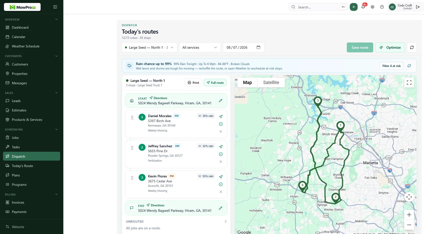 MowProHQ desktop dispatch board with today's routes, weather alerts, and a mapped crew path