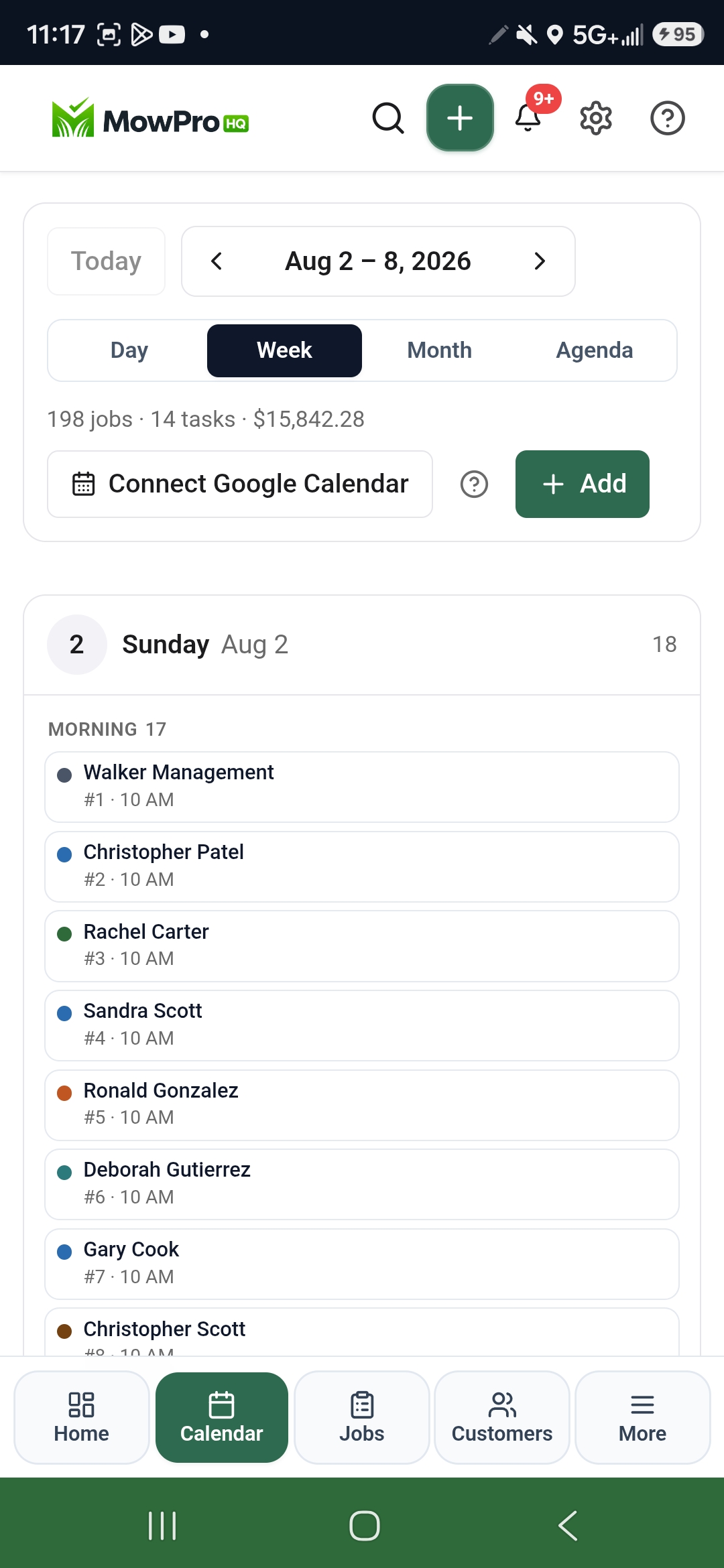 MowProHQ calendar in week view with lawn care jobs, a $15,842 total, and Sunday’s morning route
