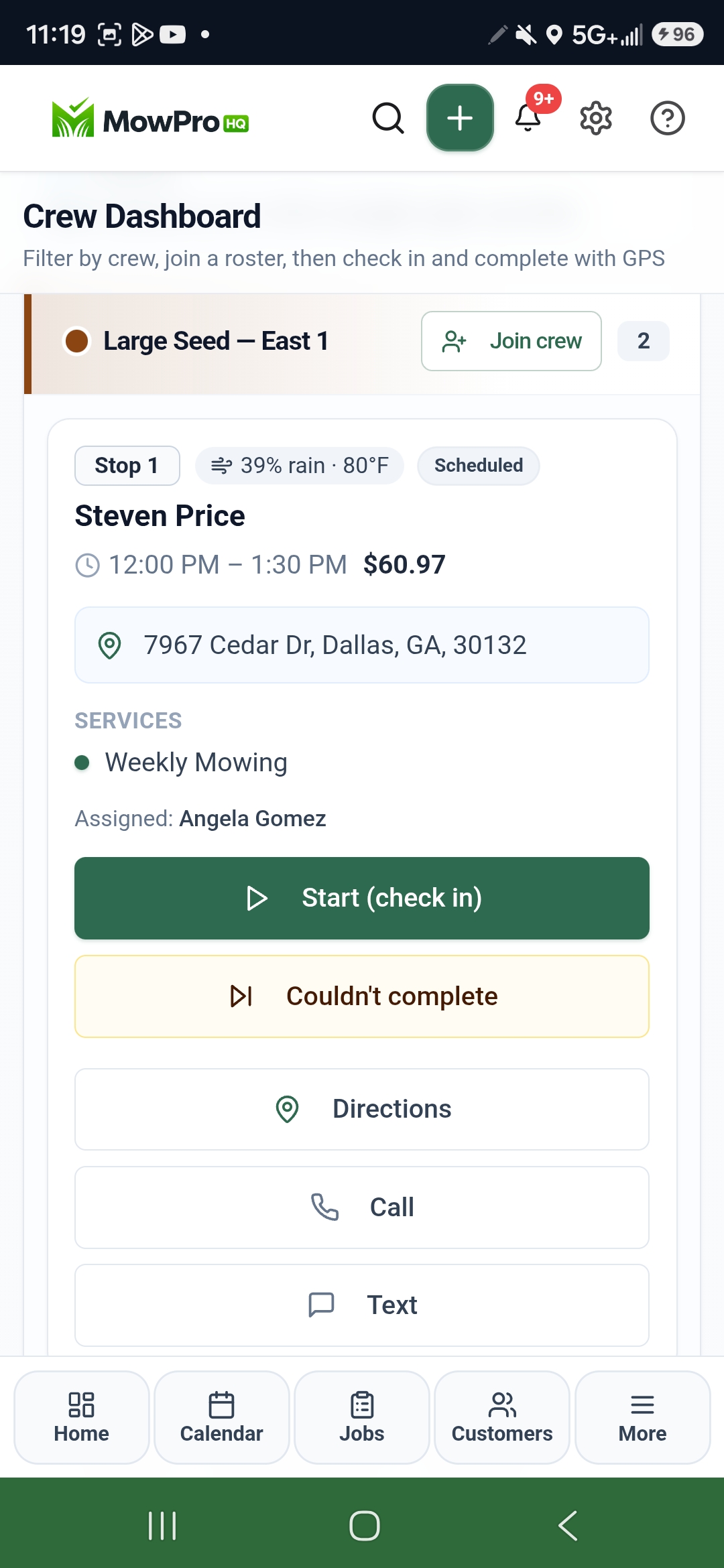 MowProHQ crew dashboard showing Steven Price’s weekly mow, weather, address, and Start check-in
