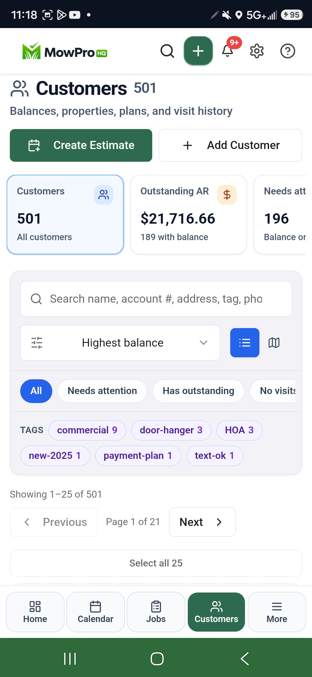MowProHQ customers list with 501 accounts, $21,716 outstanding, and commercial tags