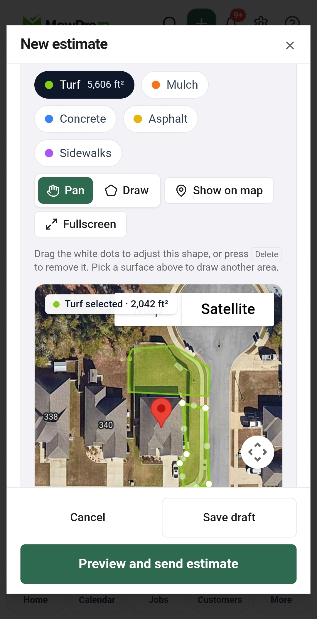MowProHQ new estimate with a satellite map, turf polygon, and 2,042 square feet selected