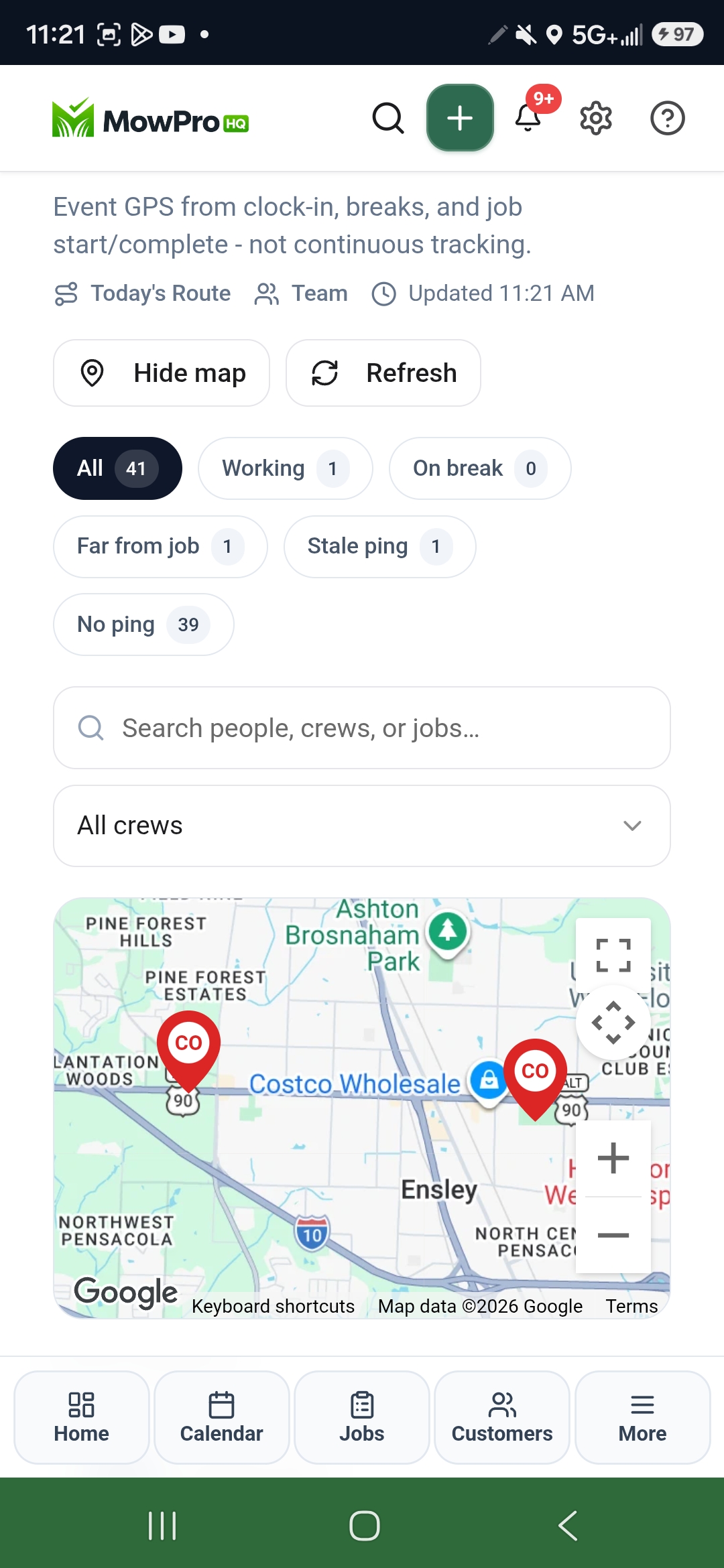 MowProHQ crew GPS map with Pensacola pins and working-status filters