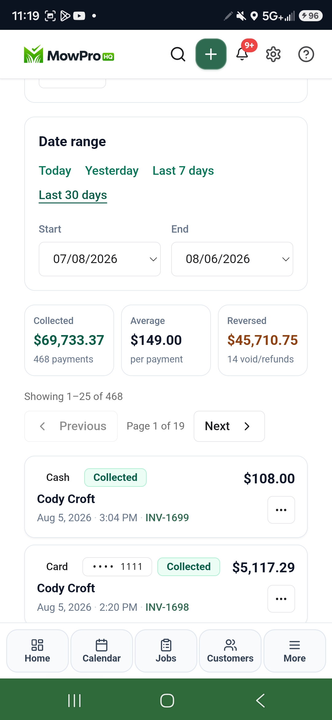 MowProHQ payments screen showing $69,733 collected, cash and card rows, and invoice numbers