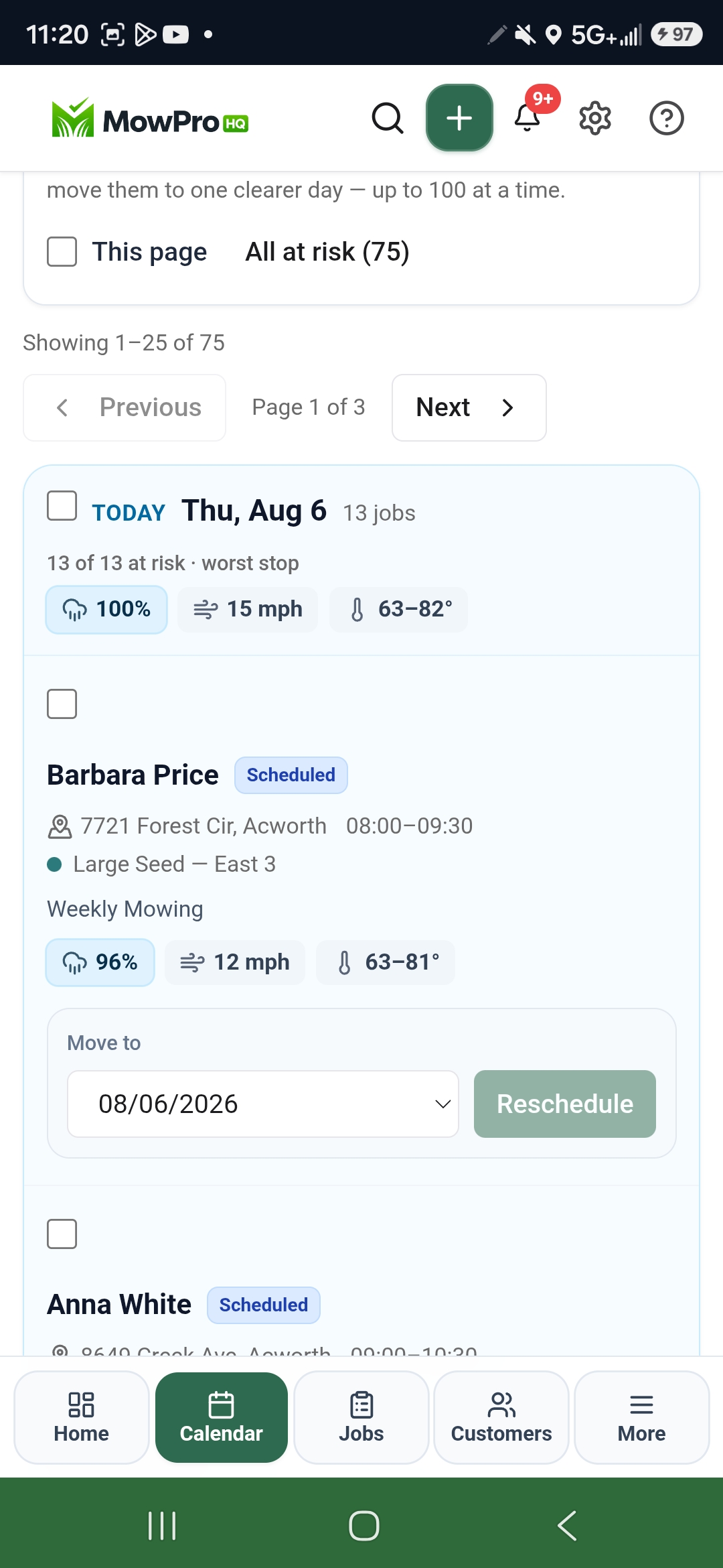 MowProHQ calendar at-risk list with rain warnings and a reschedule control on Barbara Price’s mow
