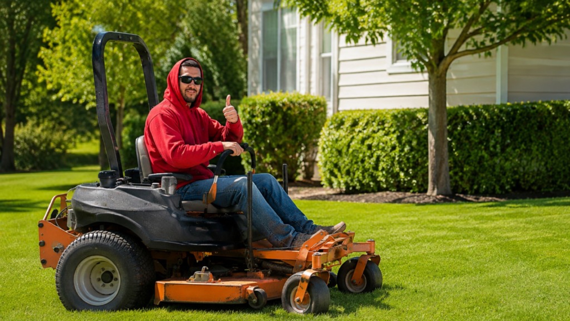 Lawn care operator on a zero-turn mower giving a thumbs-up after finishing a striped residential lawn